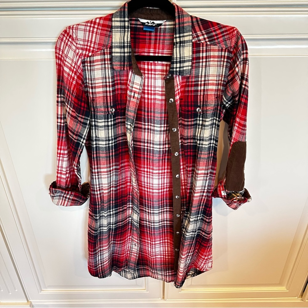 Kavu Women’s Plaid Flannel Y2K 90’s Button Down Duster Mini Dress Elbow Patches